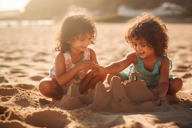 Dos niños construyendo castillos de arena en la playa.
