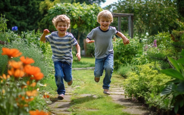 Dos niños corriendo por un jardín con flores naranjas al fondo.