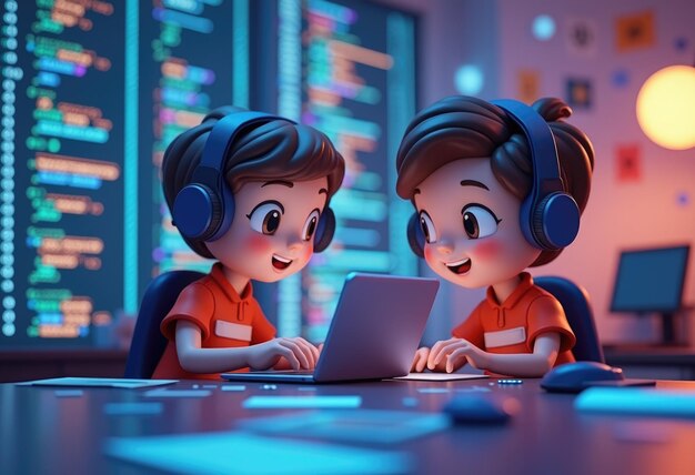 Dos niños de dibujos animados con auriculares codificando en una computadora portátil