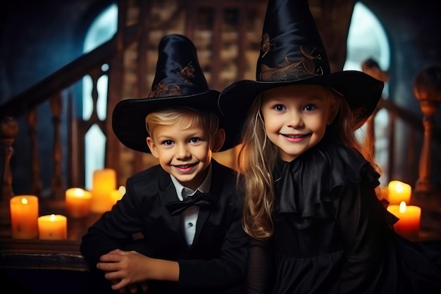 Dos niños disfrazados de Halloween Sonrisas alegres de los niños en vísperas de la fiesta Traje festivo Jack Lantern