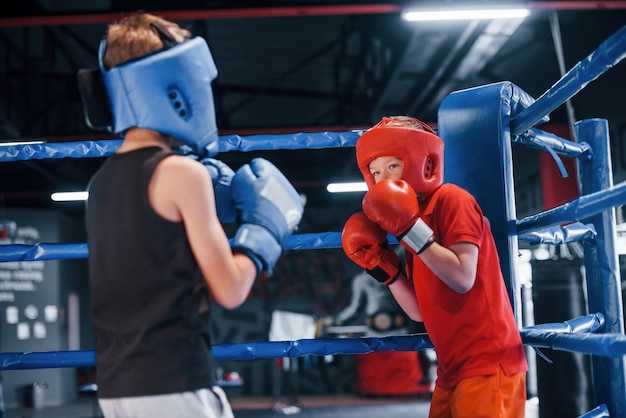 Dos niños con equipo de protección tienen sparring y peleas en el ring de boxeo.