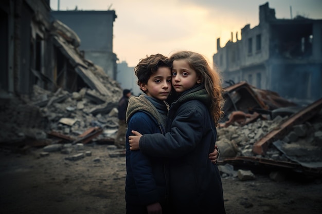 dos niños de espaldas abrazados contemplando la devastación de su ciudad debido a la guerra