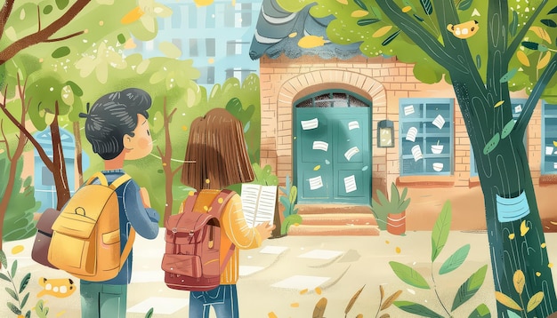 Dos niños están caminando por una calle con una casa en el fondo