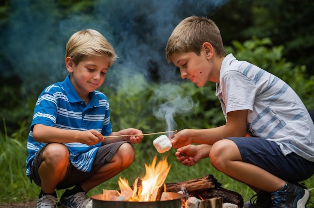 dos niños están cocinando malvaviscos sobre un fuego