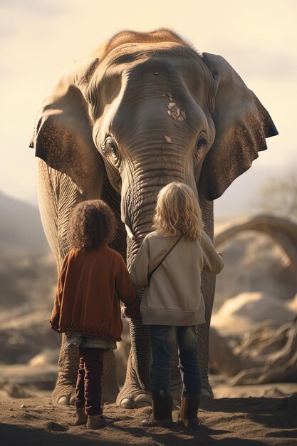 dos niños están mirando a un elefante con la palabra en él