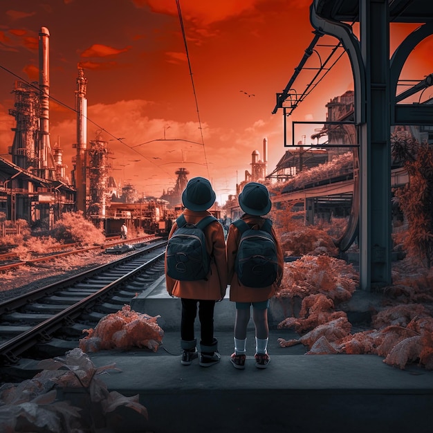 dos niños están de pie en una plataforma y uno tiene un cielo rojo detrás de ellos