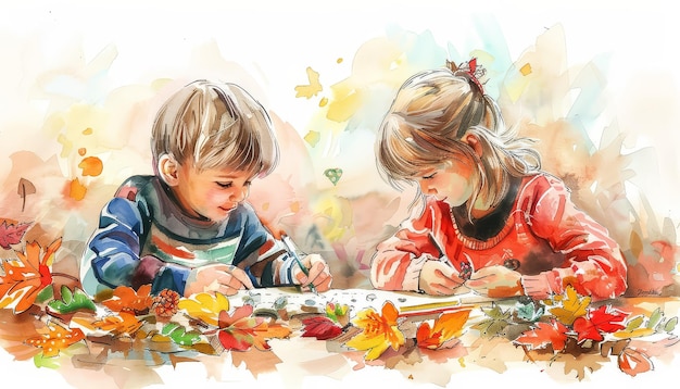 Dos niños están sentados en una mesa con lápices de colores y papel de dibujo