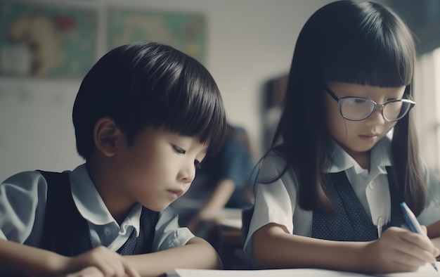 Dos niños estudiando juntos en el aula Ilustración generada por IA