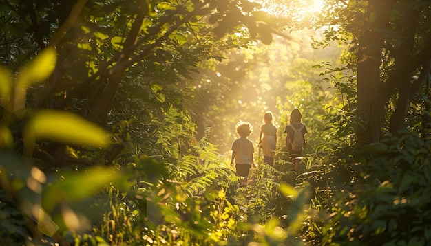 Dos niños explorando un bosque místico iluminado por el sol Arte digital con tema de aventura y exploración