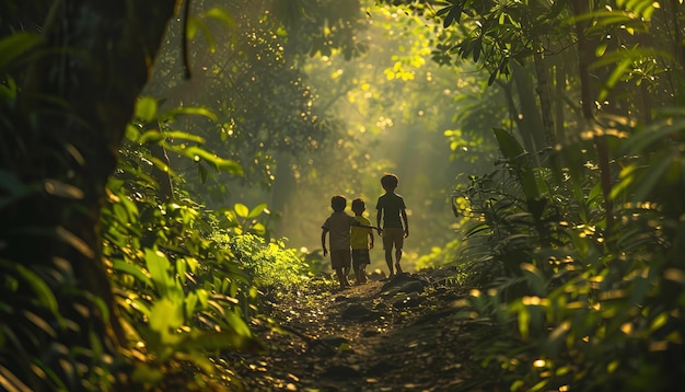 Dos niños explorando un bosque místico iluminado por el sol Arte digital con tema de aventura y exploración