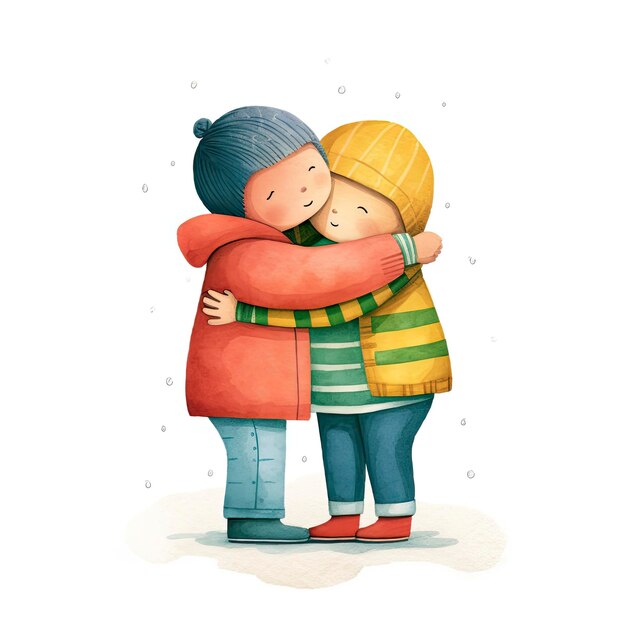 Dos niños felices abrazándose en un paisaje nevado