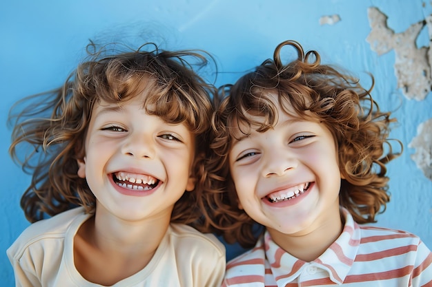 Dos niños felices están sonriendo y riendo sobre un fondo azul