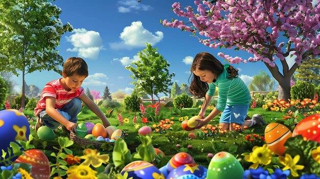 Dos niños felices, un niño y una niña, están buscando huevos de Pascua en un hermoso jardín.