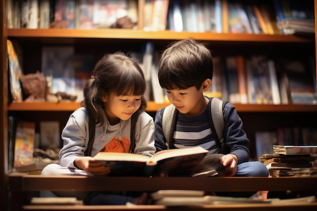 Dos niños felices sentados en una librería o biblioteca Generative Ai