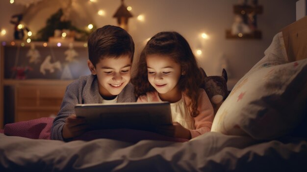 Dos niños felices viendo una tableta digital antes de acostarse