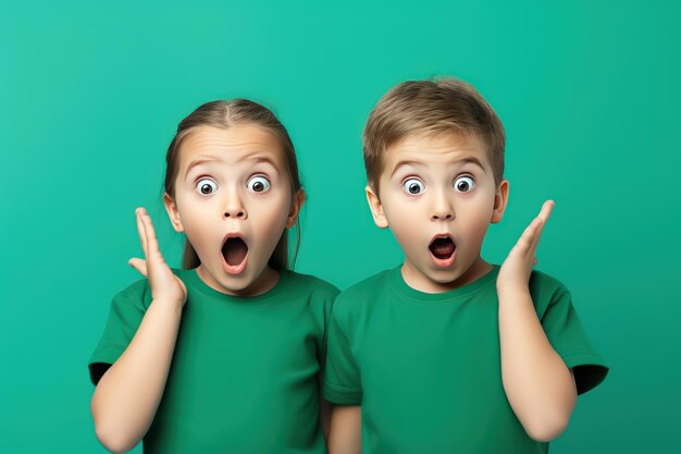 Foto los dos niños gemelos sorprendidos gesticulan en el verde