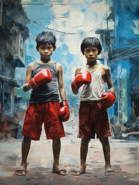 dos niños con guantes de boxeo rojos con uno con una camiseta blanca