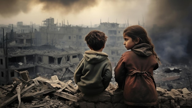 Dos niños en la guerra de Palestina con edificios y humo en el fondo