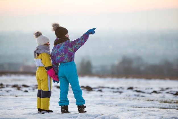 Dos niños hermano y hermana de pie al aire libre en el campo de invierno cubierto de nieve de la mano.