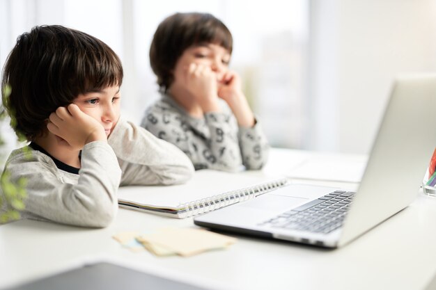 Dos niños hispanos concentrados, hermanos gemelos que miran la pantalla del portátil mientras tienen una lección en línea para niños, sentados a la mesa en casa. Enfoque selectivo