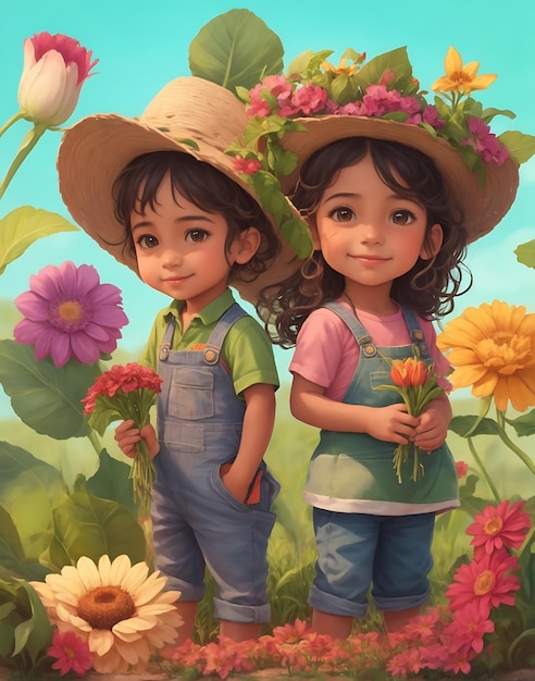 dos niños en un jardín con flores y una niña sosteniendo flores.