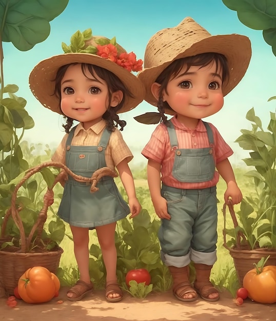 dos niños en un jardín con verduras y una niña con sombrero