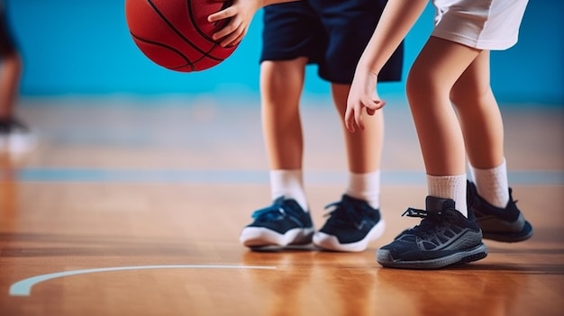 Dos niños jugando al baloncesto en una cancha, uno de los cuales lleva zapatillas Nike azules.