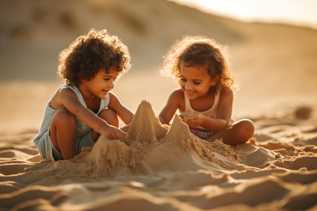 Dos niños jugando en la arena de una playa