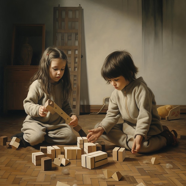 Dos niños jugando con bloques de madera en una habitación