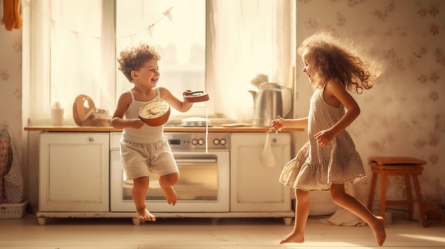 Dos niños jugando en la cocina con un pastel en la mesa.