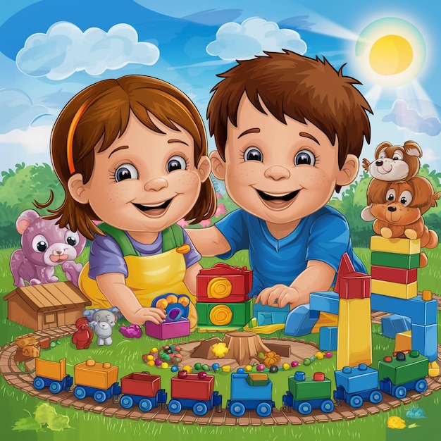 Foto dos niños jugando con un conjunto de trenes con legos y una caja de madera con la palabra quot la quot la qu