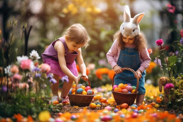 dos niños jugando con huevos de Pascua en un jardín