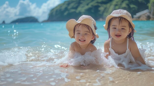 Dos niños jugando en el mar con sombreros de sol