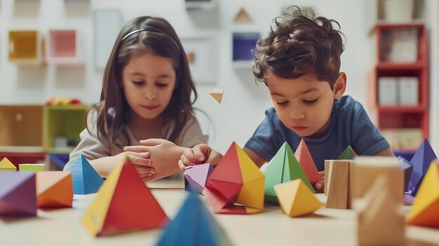 Foto dos niños jugando con papel en forma de triángulos en una mesa