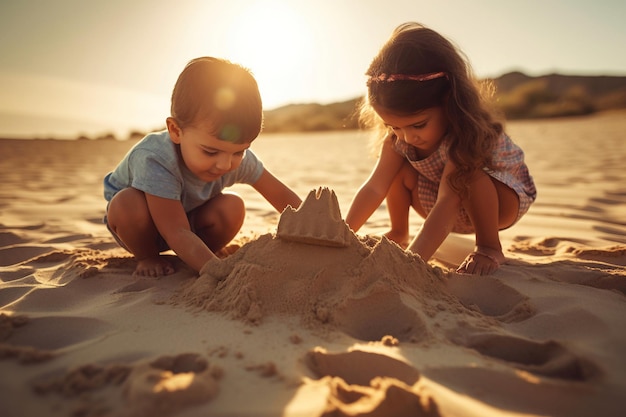 Dos niños jugando en la playa con la puesta de sol detrás de ellos.