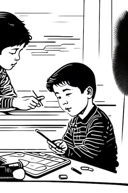 Dos niños jugando tableta Dibujo de línea continua Ilustración vectorial
