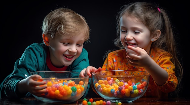 Dos niños jugando con un tazón de dulces.