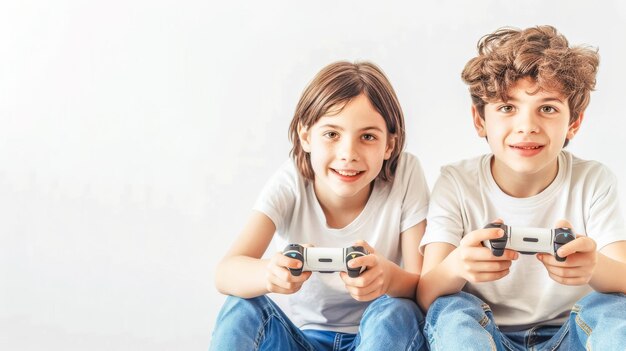 Foto dos niños jugando videojuegos juntos