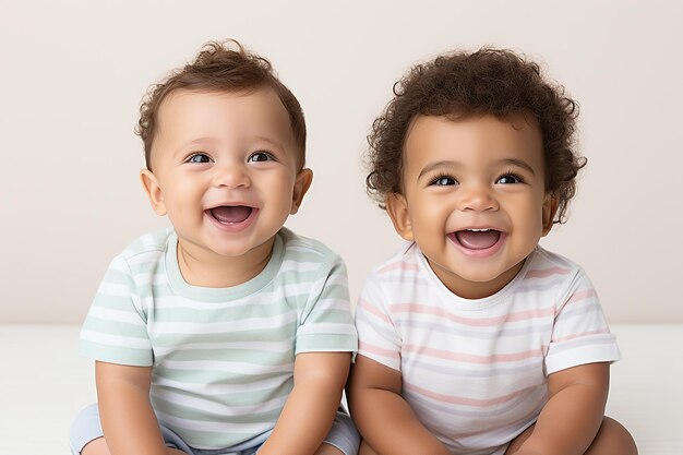 Foto dos niños lindos felices en fondo blanco emociones y infancia feliz