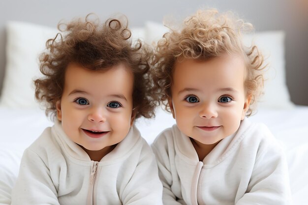 Foto dos niños lindos felices en fondo blanco emociones y infancia feliz