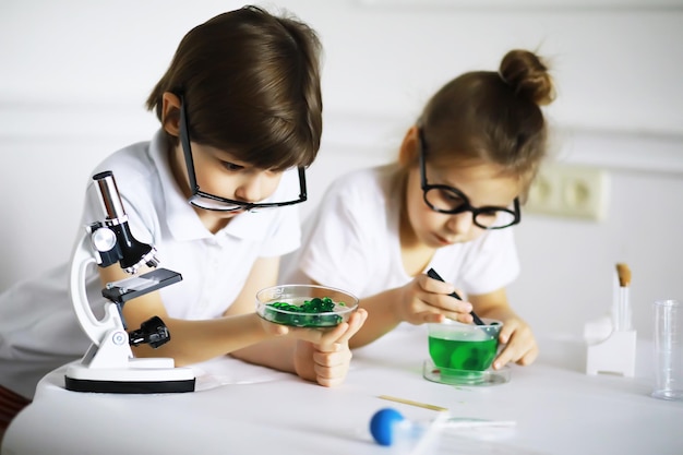 Dos niños lindos en la lección de química haciendo experimentos aislados sobre fondo blanco.