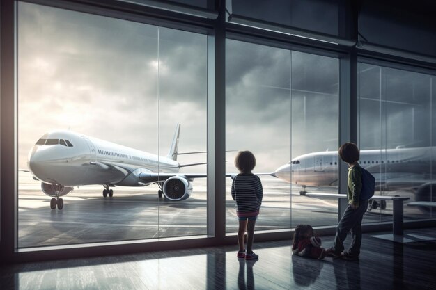 Dos niños miran por la ventana del aeropuerto si hay aviones parados