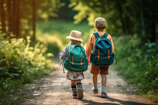 Dos niños con una mochila vista por detrás yendo a su primer día de escuela después de las vacaciones Concepto de regreso a la escuela