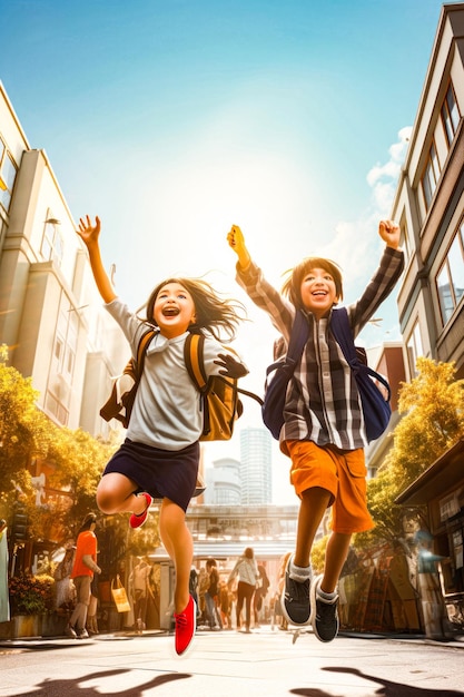 dos niños con mochilas volviendo a la escuela