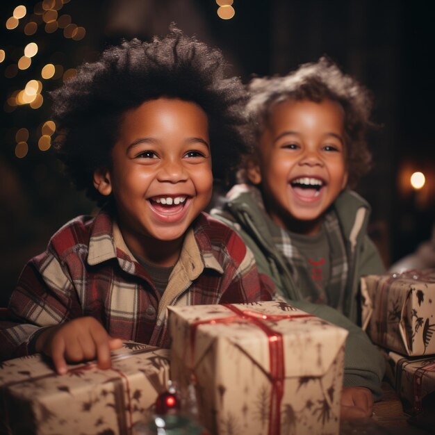Dos niños negros felices desempaquetando regalos Inteligencia Artificial Generativa