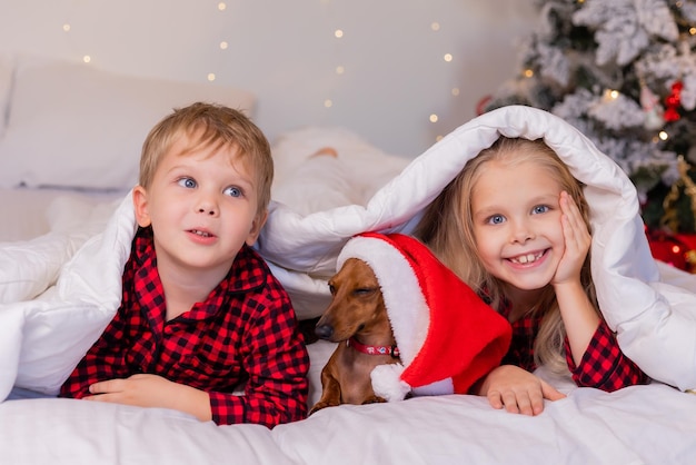 dos niños, un niño y una niña, están acostados en la cama con su querida mascota para Navidad