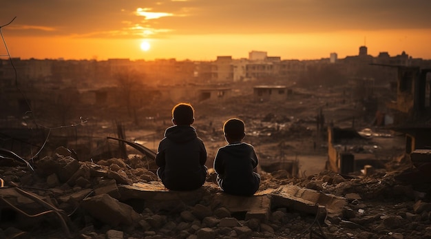 Foto dos niños palestinos frente a las ruinas con escombros a su alrededor de los efectos de la crisis de guerra