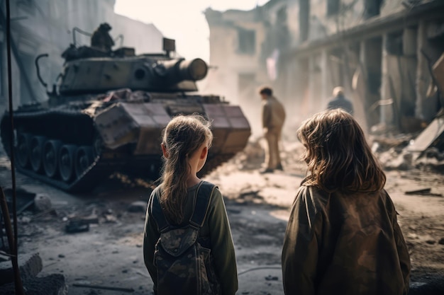 Dos niños se paran frente a un tanque que dice 'la palabra guerra'.