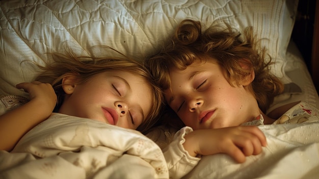 Foto dos niños pequeños duermen en una litera con las caras presionadas contra las almohadas y sus extremidades