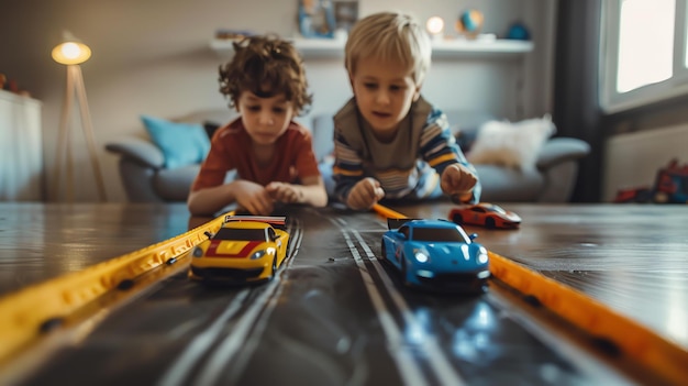 Foto dos niños pequeños están jugando con coches de juguete en una pista en el suelo de la sala de estar ambos están sonriendo y divirtiéndose